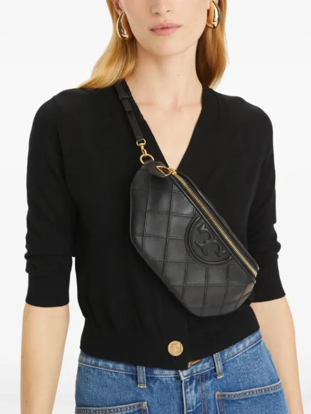 Tory Burch Fleming Black Quilted Logo Leather Crossbody - Picture 6 of 7